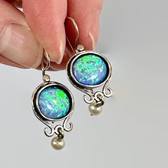 Opal Earrings, Sterling Silver, Lab Opal, Vintage, Pierced Dangle, Pearl, Boho - Picture 1 of 4